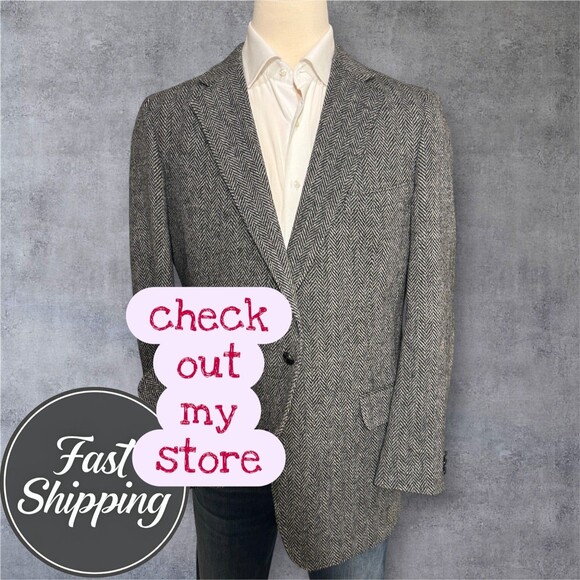 Vintage TWEED WOOL Mens Blazer Sport Coat Two Button Jacket 44L Gray Herringbone - Picture 1 of 15